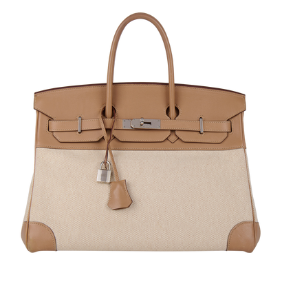 Birkin 35 Toile And Swift In Biscuit, front view